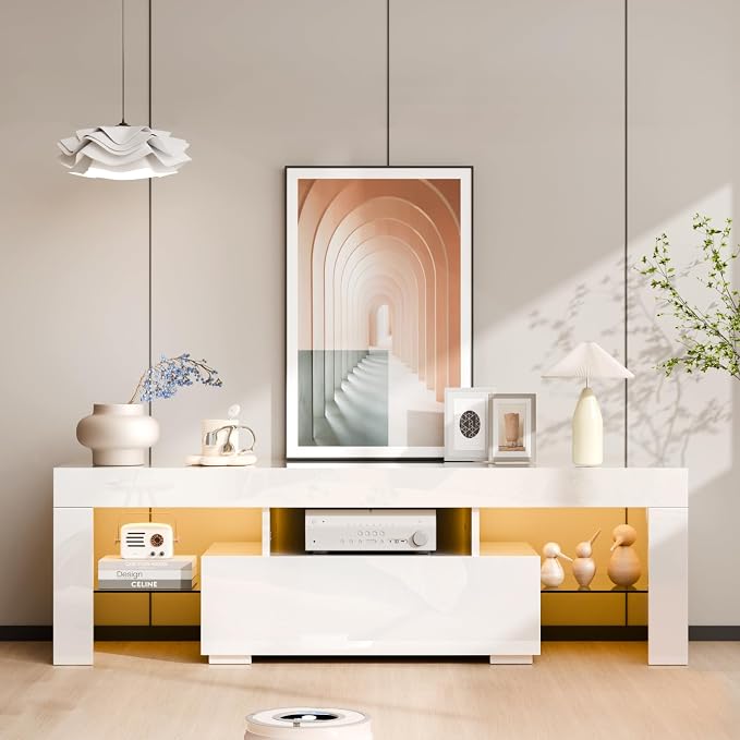 VINGLI 51'' LED TV Stand, High Glossy Modern Entertainment Center - Image 8
