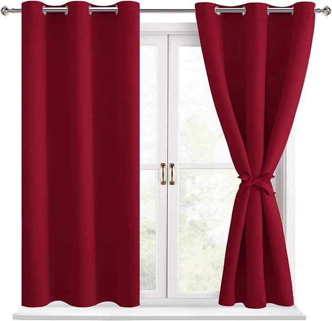 Short Blackout Curtains for Bedroom, Christmas Red, 42 x 45 Inch | Thermal by Hiasan