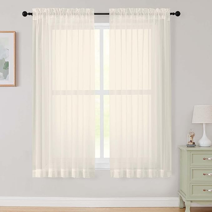 Cream Sheer Curtains 63 Inch Length 2 Panels Set by WelvetBLK