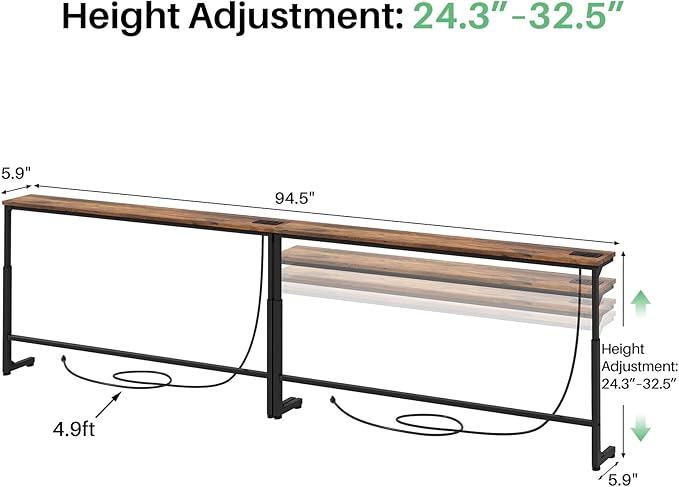 Kitstorack 94.5" Extra Long Behind Couch Table, Adjustable Height Narrow - Image 3