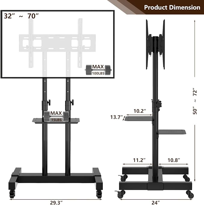 Mobile TV Stand Rolling TV Cart Floor Stand - Image 6