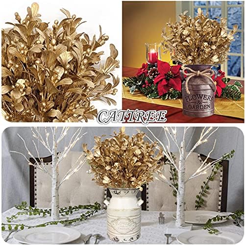 Artificial Flowers Christmas Decor, Golden Leaves Branches Plants Fake Berry Grass for Wedding Bridal Bouquet Party Indoor DIY Home Office Table Centerpieces Arrangements Decoration - Gold 4 Pack - Image 4