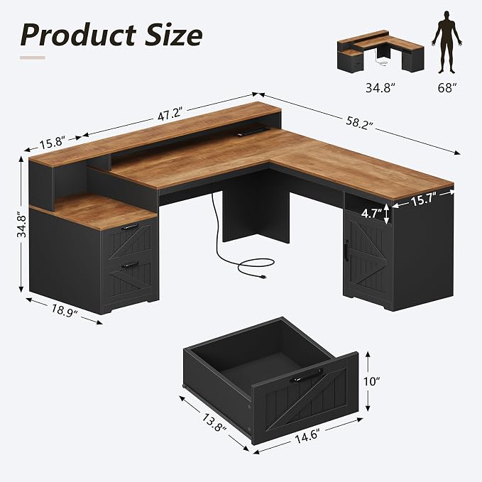YOMILUVE 63" Farmhouse L Shaped Executive Desk - Image 2