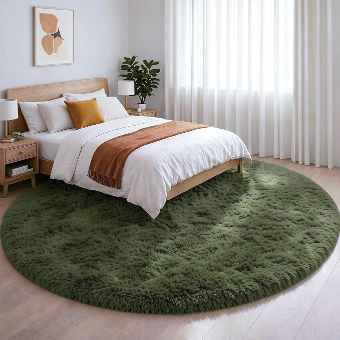 Amdrebio Olive Green Shag Round Area Rug 5Ft by Amdrebio