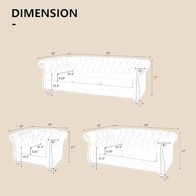 QHITTY 3 Piece Living Room Couch Set, Sectional Chesterfield Sofa Chair - Image 2