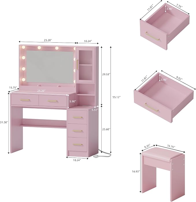 Makeup Vanity with Lights & Charging Station, Vanity Desk with Mirror & Lights - Image 3