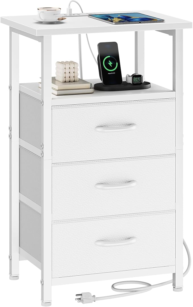 Vagusicc Nightstand with Charging Station, End Table Side Table with 3 Fabric by Vagusicc
