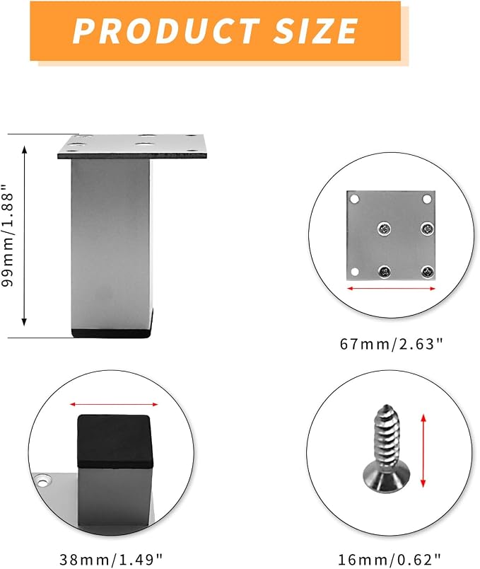 4Pcs 4Inch Metal Furniture Legs, Square Metal Cabinet Support Foot - Image 2