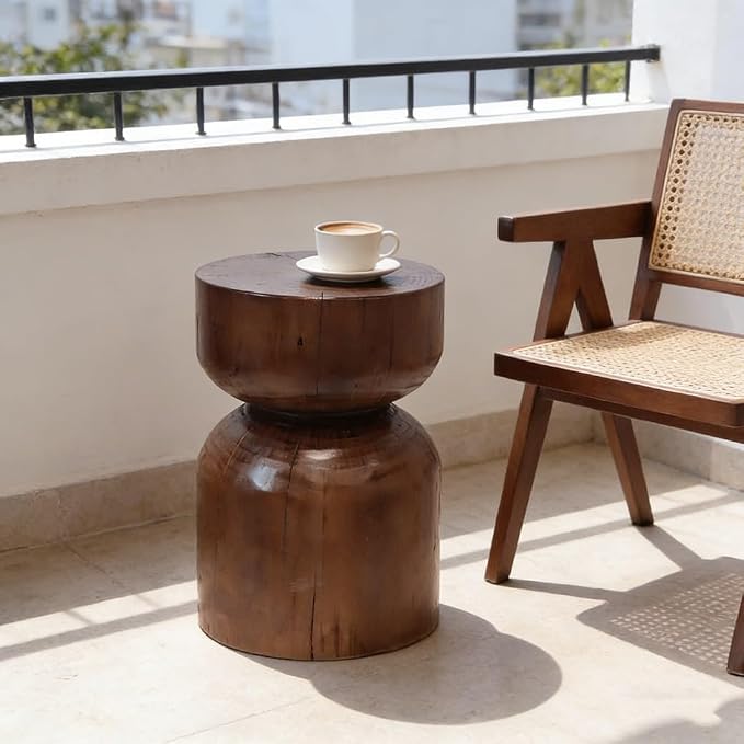 Solid Wood Stool & Sofa Side Table, Rustic Hourglass Wabi-Sabi Accent Coffee - Image 6