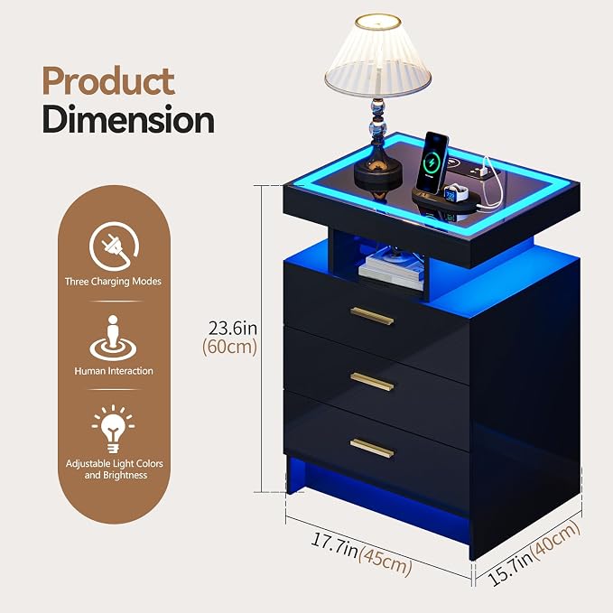Black Night Stand with Wireless Charging Station, Smart Bedside Table with 3 - Image 2