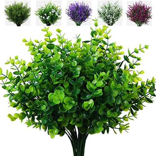 XLFAQXM Artificial Plants Flowers Grass Shrubs 8 Pack No Fade Faux Plastic Flowers Outdoor for Farmhouse Garden Porch Patio Indoor Wedding Decoration Greenery Fake Plants uv Resistant (1#Green) by XLFAQXM