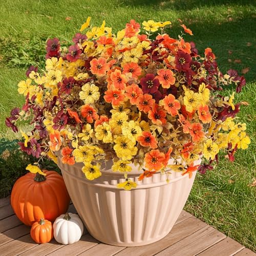 ATTGREAT Artificial Fall Flowers Outdoors UV Resistant Fake Mums Bulk Outside Faux Mums Plants Decorations for Home Garden Porch Hanging Planter Autumn Decor, 24 Bundles (Mix Orange Yellow Fall Red) - Image 3