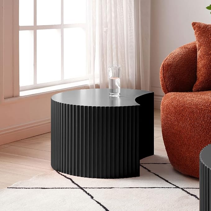 Black Round Coffee Table Nesting End Table Set of 2 Fluted Side Tables Set - Image 6