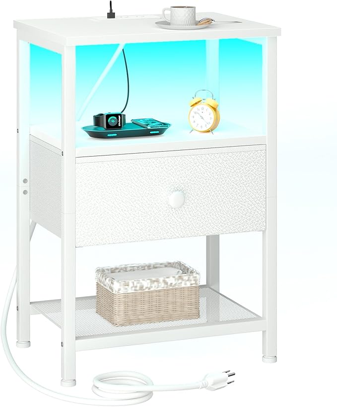 LOAKEKEL LED Night Stand with Charging Station, Small Bedside Table with USB by LOAKEKEL