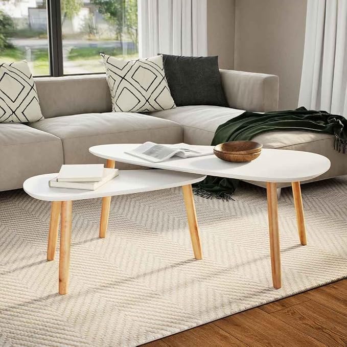 Scandinavian Style Coffee Table Set, Minimalist Pine and MDF Side Tables by KTHLBRH