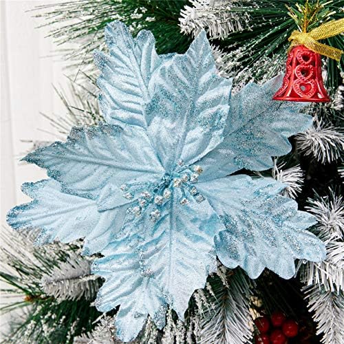 Glitter Decorated Large Poinsettias Decorative Christmas Flower Stems for Christmas Tree Wreaths Wedding Decor, Blue, 10pcs 9.4" - Image 5