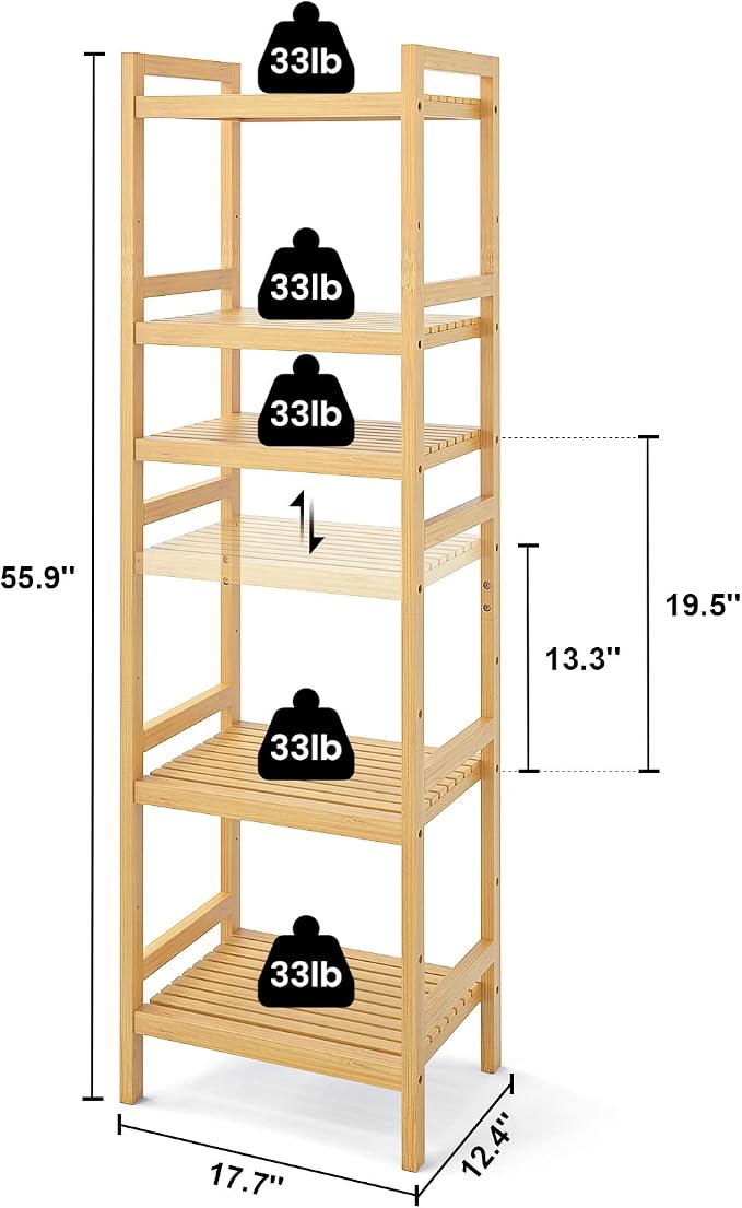 Homykic Bamboo Bookshelf, 5-Tier Narrow 55.9” Adjustable Book Shelf Bookcase - Image 3