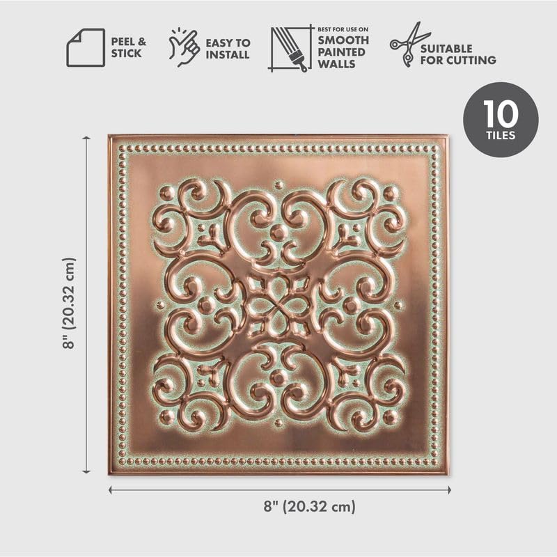 Peel and Stick Metal Backsplash Tiles, Patina Copper, 10-Pack - Image 2