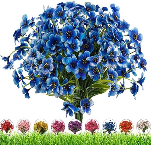 Outdoor Artificial Fake Flowers,24 Bundles UV Resistant Faux Outdoor Plastic Flower Plants for Outside Indoor Decorations(Blue) by DRTDERUITAI