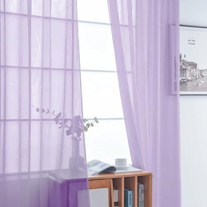 SpaceDresser Basic Rod Pocket Sheer Voile Window Curtain Panels Lavender 1 Pair - Image 3