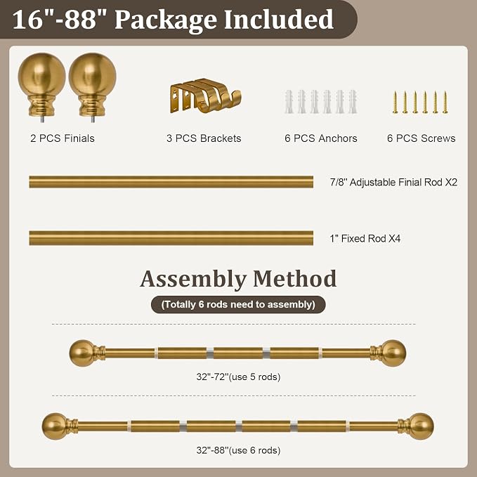 Modern Gold Curtain Rods for Windows 48 to 84 Inch 1" Diameter Adjustable Heavy - Image 9