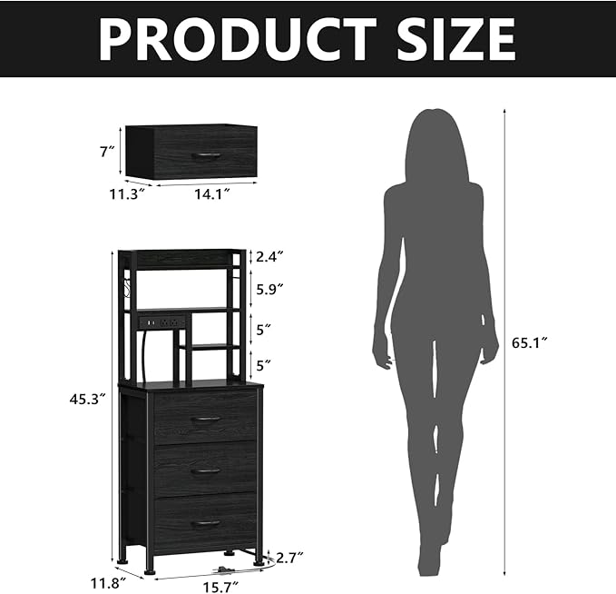 Furnulem Tall Night Stand with 3 Fabric Drawers and LED Lights, Nightstand with - Image 3