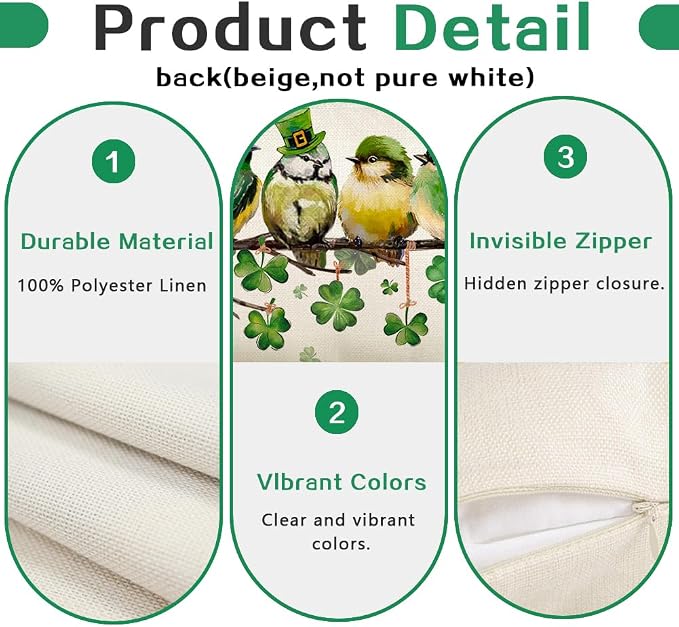 RABUSOFA St.Patricks Day Pillow Covers 18x18 Inch, Birds Shamrock Decorations - Image 6