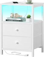 BOLUO White Nightstand with Charging Station, LED Night Stand with 2 Fabric by BOLUO
