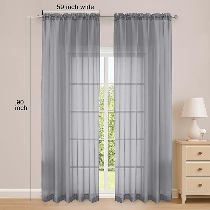 Grey Sheer Curtain 90 Inches Long 2 Panels Set, Solid Filmy Drapes - Image 2