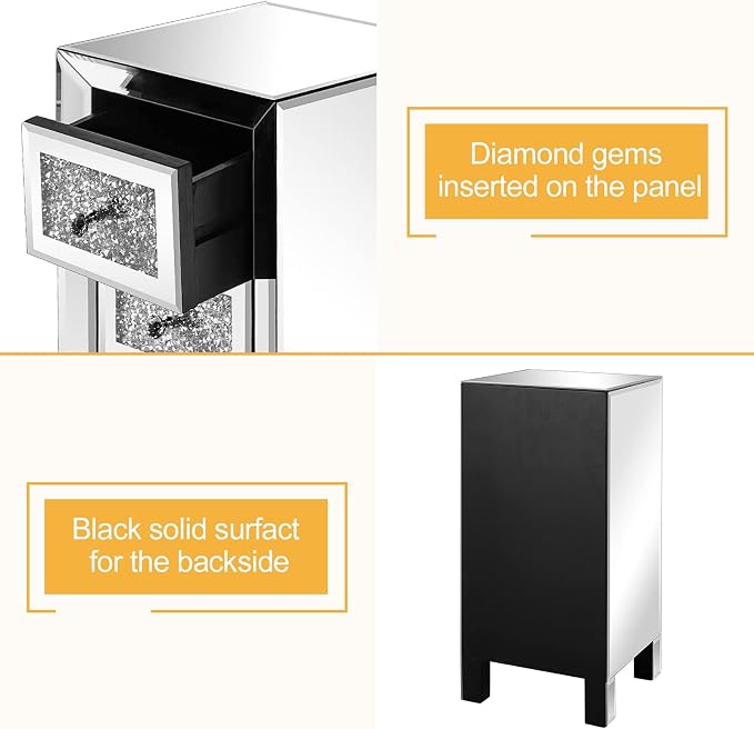VINGLI 3-Drawer Mirrored Nightstand Bedside Table Glass Accent End Table - Image 8