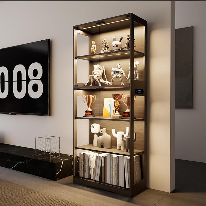 65" Tall Display Case with Glass Doors, Lighted Display Cabinet Bookcase with - Image 10
