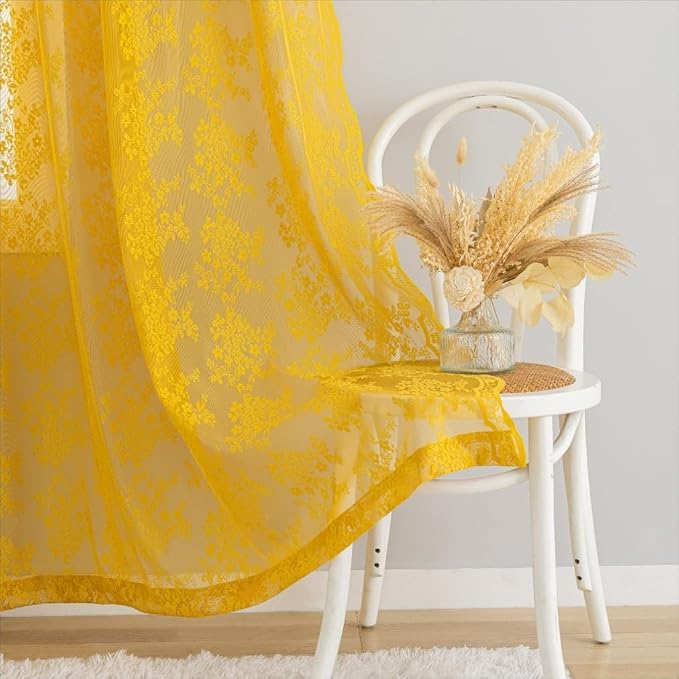 YJ YANJUN Vintage Lace Curtains 96 Inches Long-Victorian Floral Mustard Yellow - Image 4