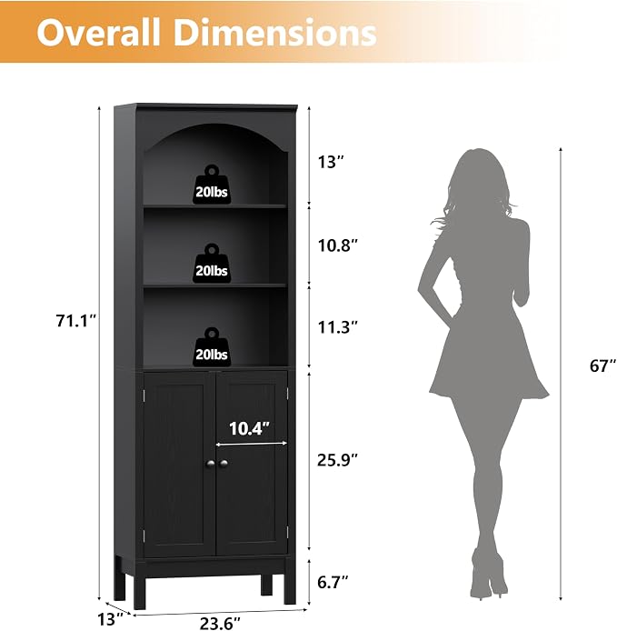 Bookshelf with Doors, Floor Standing Display Storage Cabinet - Image 2