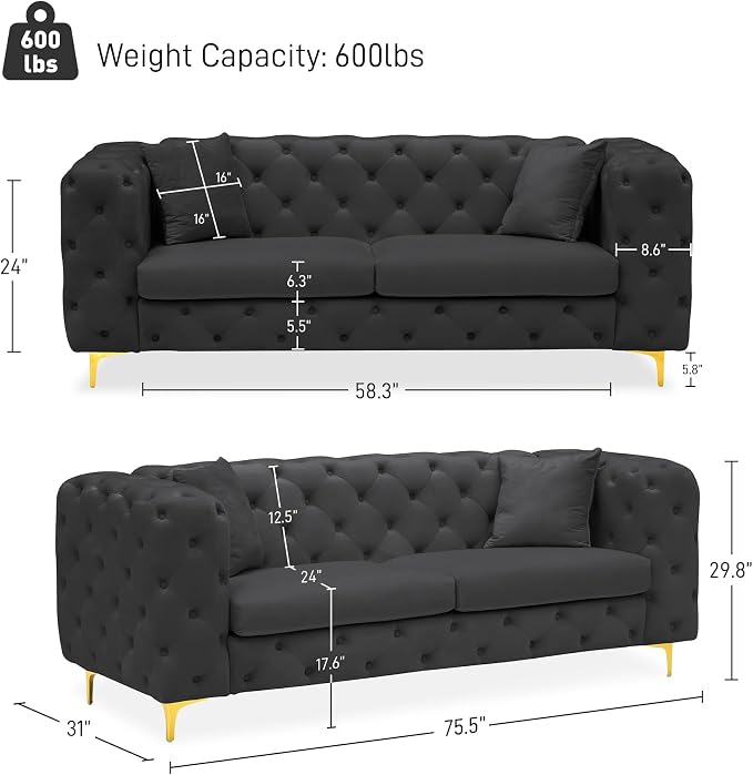 DAMAIFROM 75" Sofa Couch Mid Century Modern Velvet Couch Tufted Button Sofa - Image 2