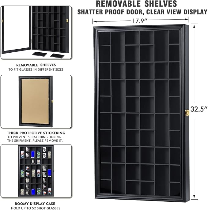 Shot Glass Display Case Large Wooden Cabinet Rack Holder Wall Mounted Black - Image 2