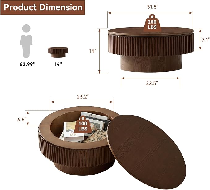 Round Coffee Table for Living Room, Fluted Drum Accent Tea Center Table - Image 2