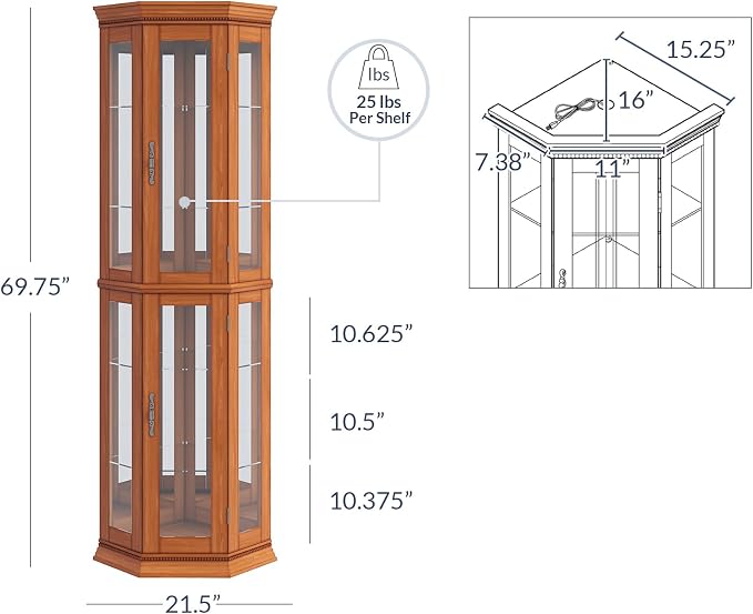 BELLEZE Lighted 3-Side Glass Display Curio Cabinet w/Tempered Glass Doors and - Image 2