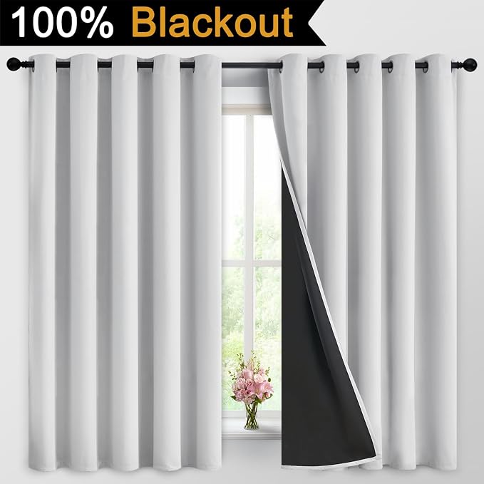 Yakamok Greyish White 100% Blackout Curtains 63 Inches Long, 2 Thick Layers | - Image 2