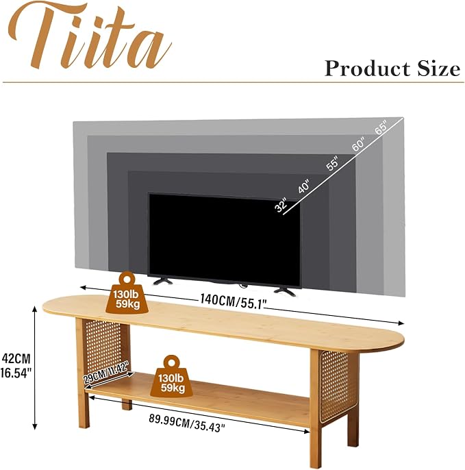 Tiita TV Stand with Storage for TVs up to 65'', Bamboo TV Console Entertainment - Image 2
