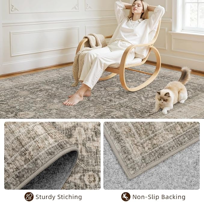 10x14 Area Rugs Living Room: Bedroom Washable Carpet Warm Taupe | Vintage Boho - Image 4