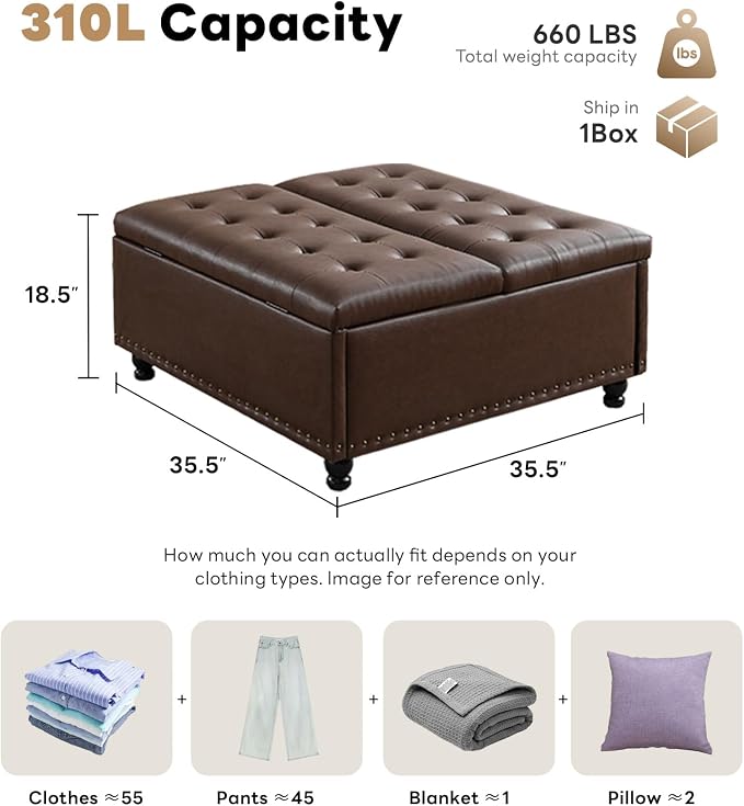 Tbfit Large Square Storage Ottoman Bench, Tufted Upholstered Coffee Table - Image 2