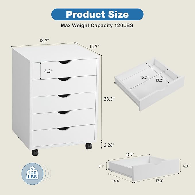OLIXIS 5 Drawer Mobile File Cabinet Under Desk Storage Organization - Image 3