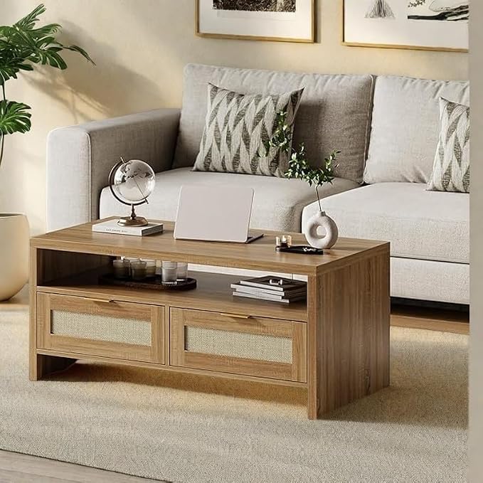 Garvee Boho Coffee Table with Storage, 2 Tiers Wooden Center Coffee Table - Image 4