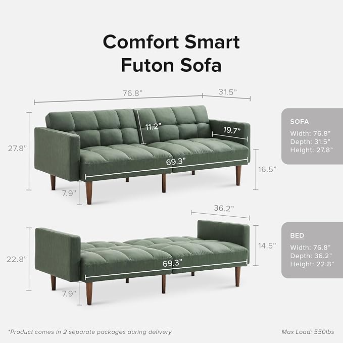 mopio 76.4" Futon Sofa Bed, Sleeper Sofa, Mid Century Modern Futon Couch - Image 2