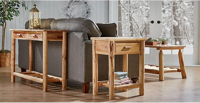 CASTLECREEK Pine Log End Table Nightstand, Rustic Natural Weathered Look Wooden - Image 5