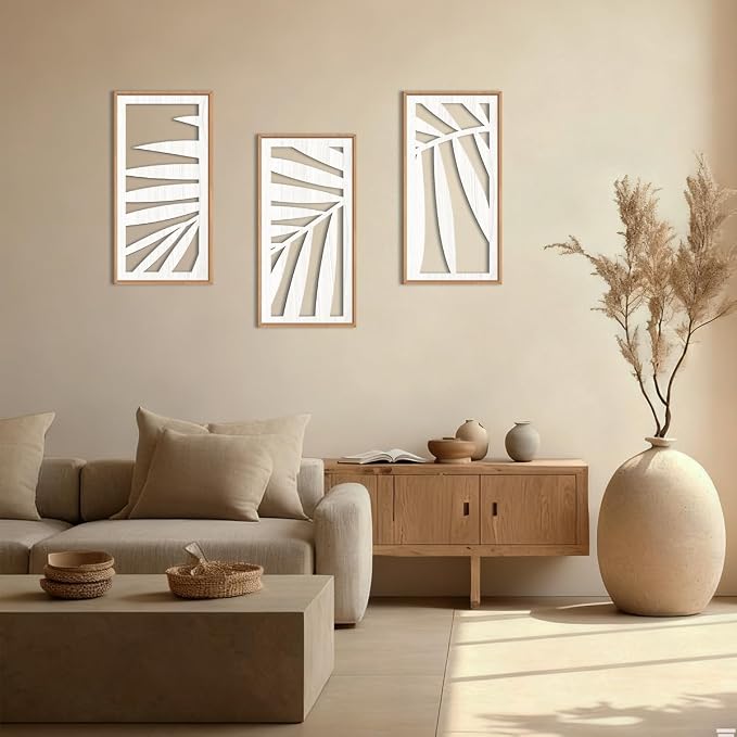 IARTTOP Tropical Palm Tree Leaf Wood Wall Art White Framed 8x16 Inch Set of 3 - Image 5