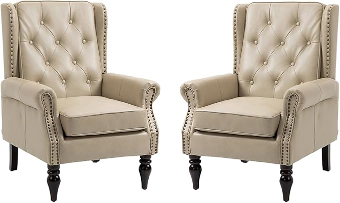 Mid-Century High Wingback Chair Set of 2, Faux Leather Accent Chair Armchair by Lin-Utrend