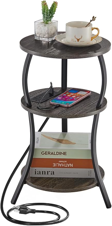 Small Round Side Table with Charging Station, 3-Tier Waist Circular End Table by YEAKOO