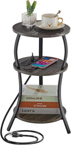 Small Round Side Table with Charging Station, 3-Tier Waist Circular End Table by YEAKOO