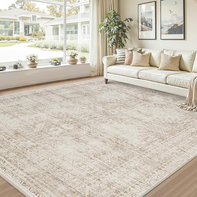 10x14 Area Rugs Living Room: Bedroom Neutral Washable Carpet Brown | Vintage - Image 9